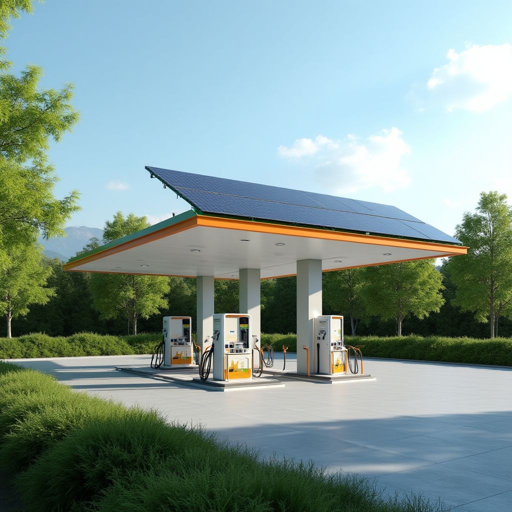 Estación de servicio moderna con paneles solares